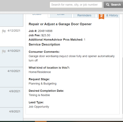 This shows details of the original job request